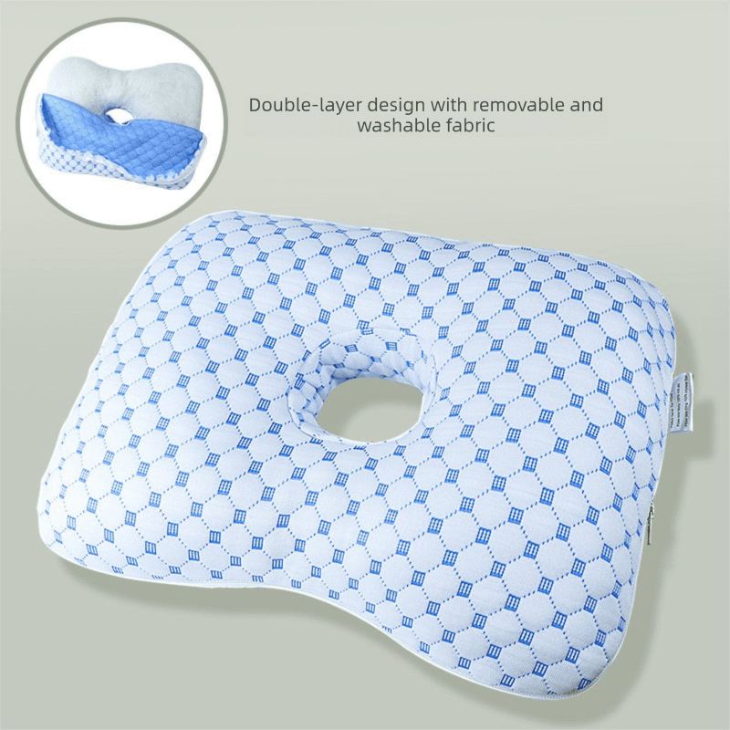 Blue Ergonomic Ear Pillow with Hole for Side Sleepers - Pressure Relief