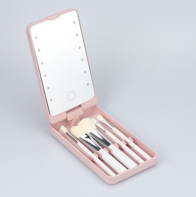 2-Piece Pink Portable LED Makeup Mirror with Brush - Foldable, Rotatable