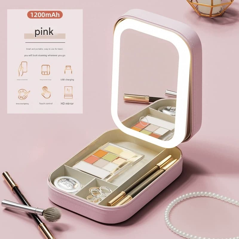 Portable Jewelry & Makeup Organizer Box with LED Touch Mirror - Pink