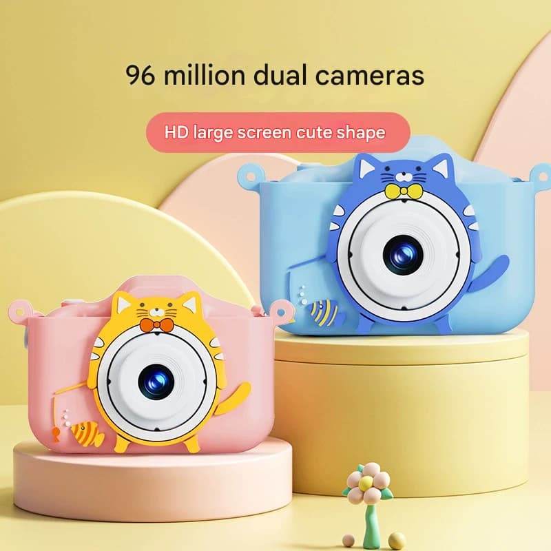 Digital Camera with Cat Silicone Case - Dual Lens, 96MP, HD Screen - Pink