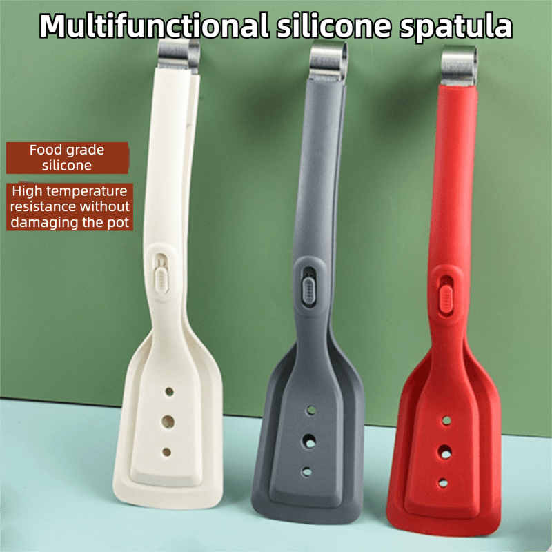 2-in-1 Red Silicone Spatula Tongs with Locking Clip & Oil Drainage