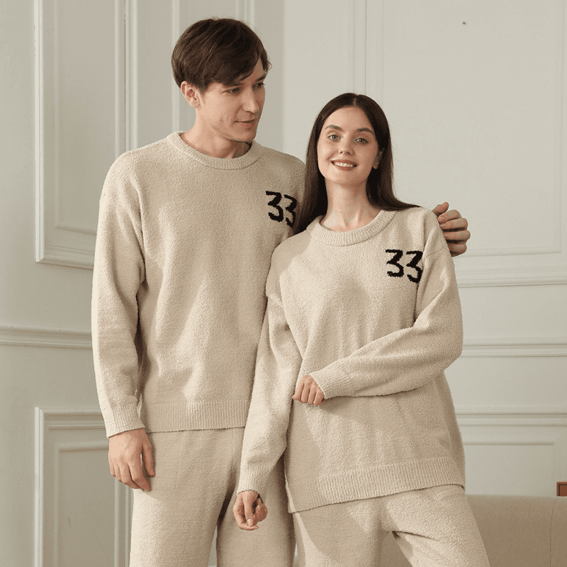 2-Piece Khaki Couples' Pajama Set - Warm & Cozy Semi-Flannel Style. Features