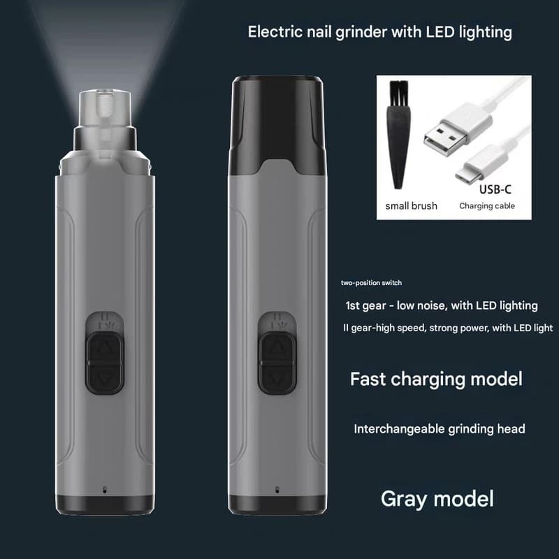 Grey Quiet Electric Pet Nail Grinder with LED Light - 2-Speed USB-C