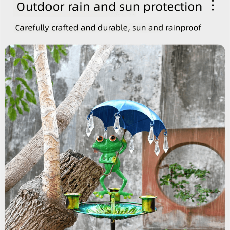 Decorative Metal Frog Bird Feeder Ground Stake with Umbrella and Feeding