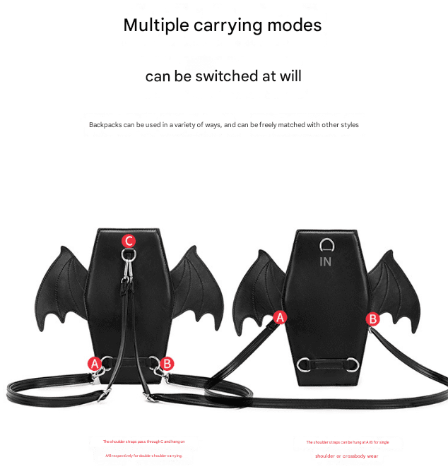 Black Gothic Coffin Bat Wing Convertible Crossbody Bag - Punk PU Leather