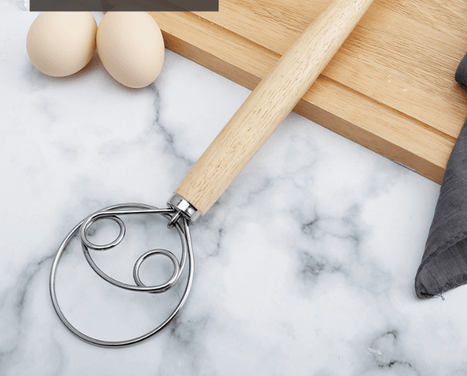 Double Loop Danish Dough Whisk with Long Oak Handle - 13 - Two Eye Design