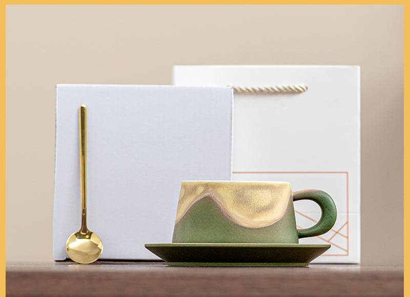 Artistic Ceramic Coffee Cup & Saucer Set with Spoon - Gradient - Green