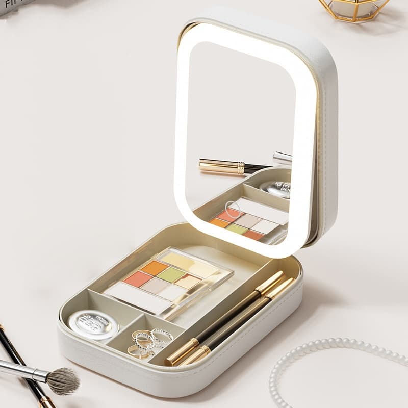 Portable Jewelry & Makeup Organizer Box with LED Touch Mirror - White