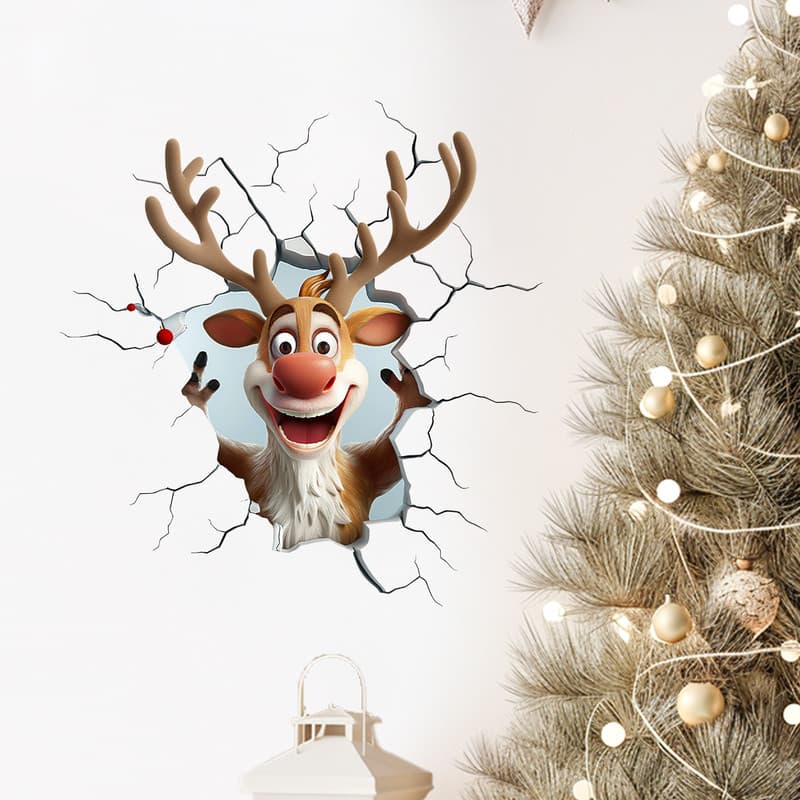 10-Piece Creative 3D Reindeer Peeking Through Wall Christmas PVC Wall Decal