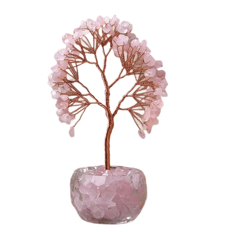 Pink Natural Crystal Tree Ornament - Handmade Miniature Decorative Tree