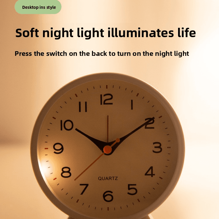 Blue Minimalist Silent Alarm Clock with Night Light - Non-Ticking Analogue