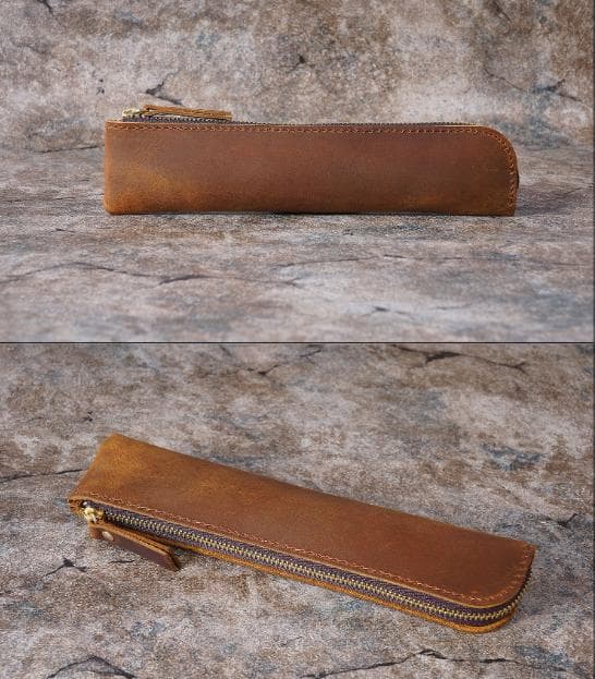 Black Vintage Crazy Horse Leather Zippered Pen Case - Retro Pencil Pouch