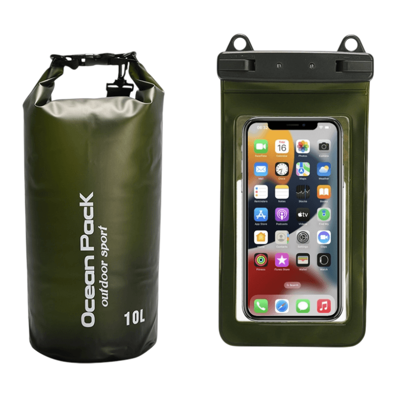 Dark Green 10L PVC Waterproof Swimming Bag Bonus with Waterproof Phone Pouch