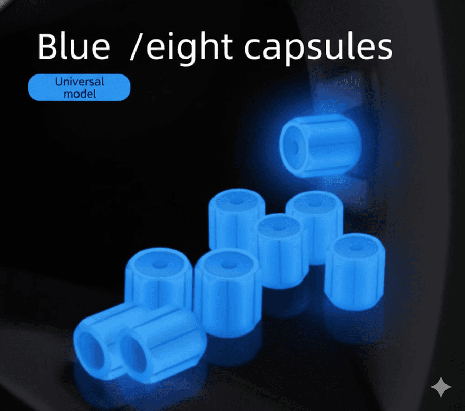 Universal Luminous Tyre Valve Caps 8-Piece Blue Glow in Dark Dust Covers