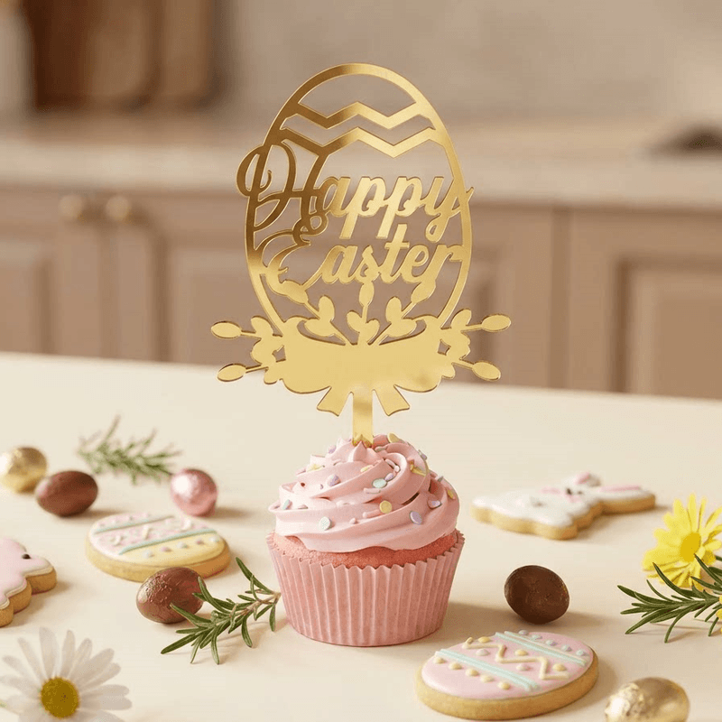 10-Piece Set of Easter Cake Toppers - Gold Acrylic "Happy Easter"