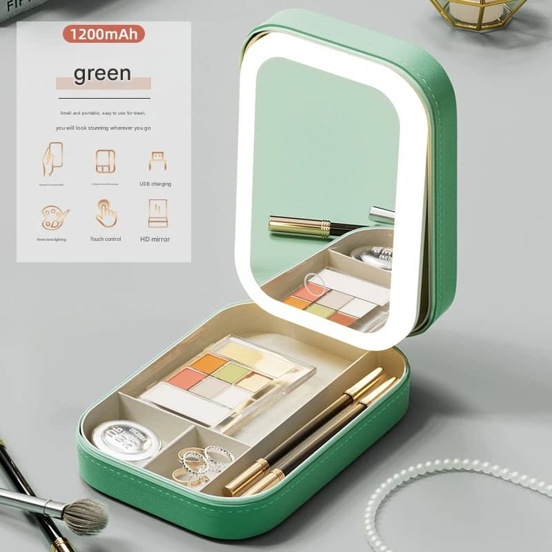 Portable Jewelry & Makeup Organizer Box with LED Touch Mirror - Green