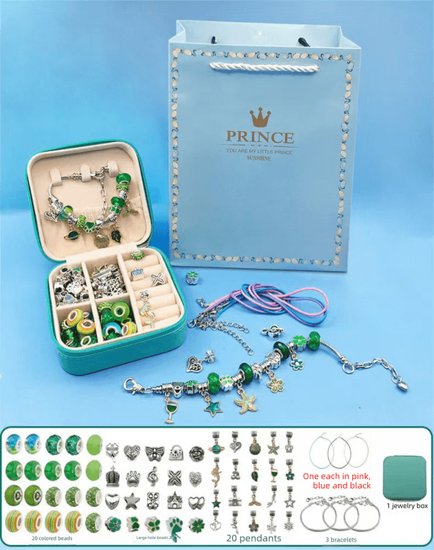 66-Piece Green Gift Bag Craft Set (Includes Beads, Charms, and Storage Case)
