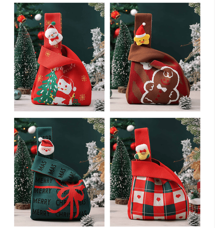 Festive 4-Piece Christmas Gift Bag Set - Knitted Holiday Treat & Present