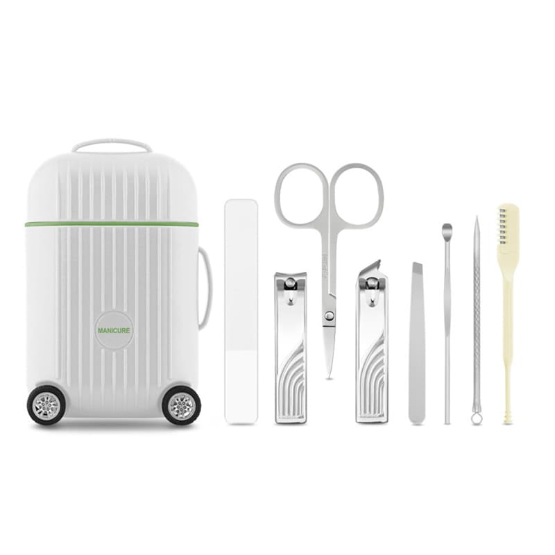 White Mini Suitcase Manicure Set - 8-Piece Portable Grooming & Nail Care