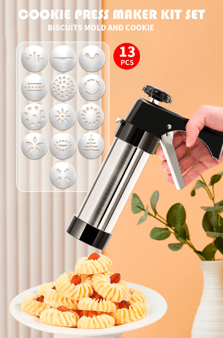 Stainless Steel Cookie Press Maker Kit with 13 Disc Molds and 8 - Black