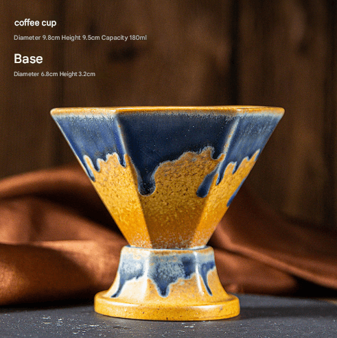 Blue and Gold Artistic Hexagonal Ceramic Coffee Cup & Stand Set - Blue Gold