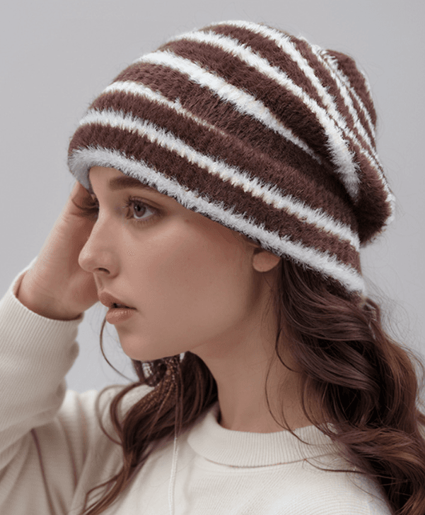 Trendy Dual-Tone Striped Beanie - Soft Plush Knit - Brown and white