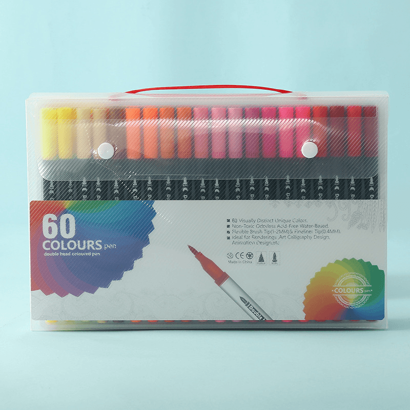 Black 60 COLOURS Dual-Tip Watercolor Marker Set - Colors Washable Art Pens