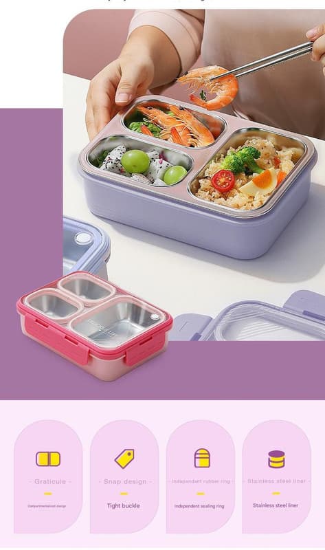 Purple 3-Compartment Stainless Steel Bento Lunch Box - Leak-Proof, for Kids