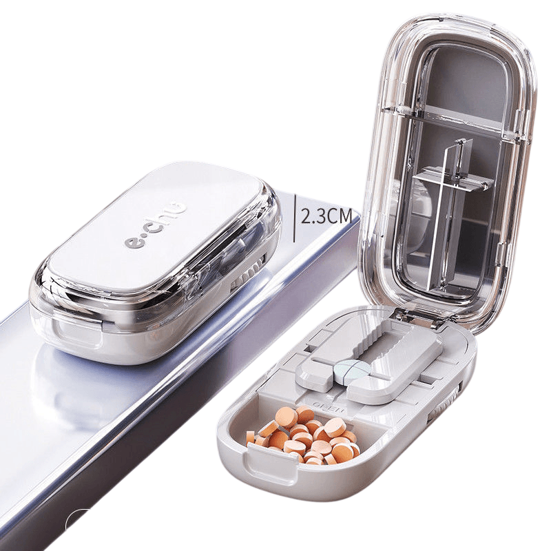 Grey Portable Mini Pill Organizer with 1/2 & 1/4 Precision Cutter