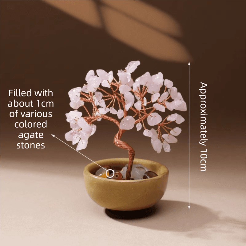 Natural Pink Crystal Money Tree with Agate Basin & Adjustable Wire Branches