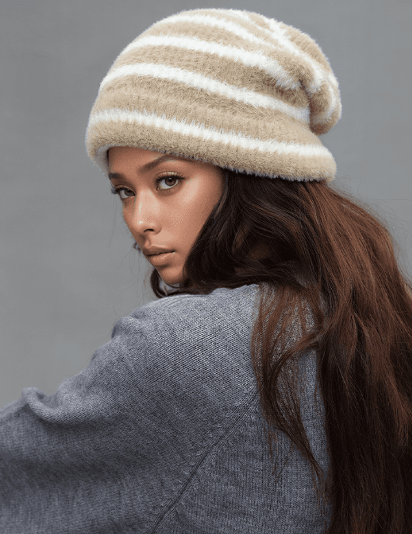Trendy Dual-Tone Striped Beanie - Soft Plush Knit - Khaki and white