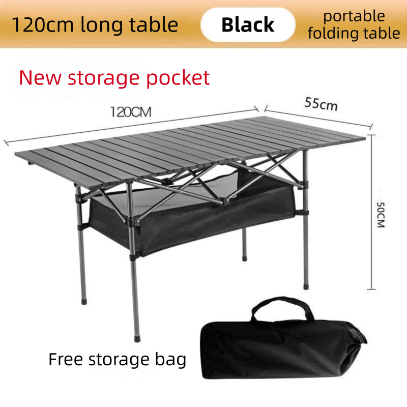 120 cm Black Portable Folding Egg Roll Camping Table with Storage Bag & Mesh