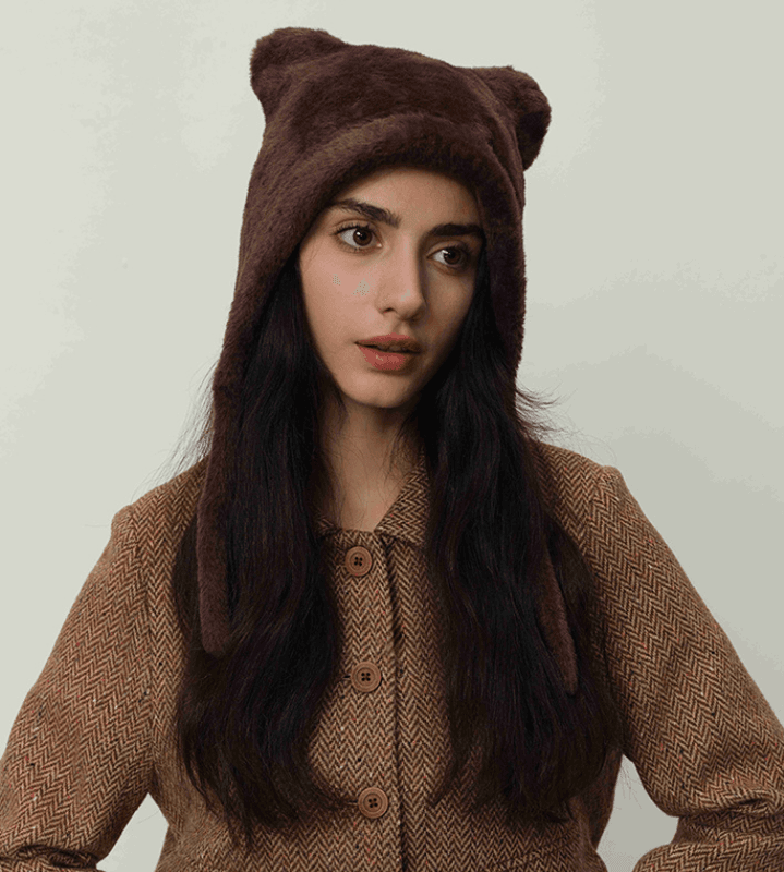 Dark brown Fluffy Cat Ear Winter Earflap Hat Women Knitted Warm Cold Weather