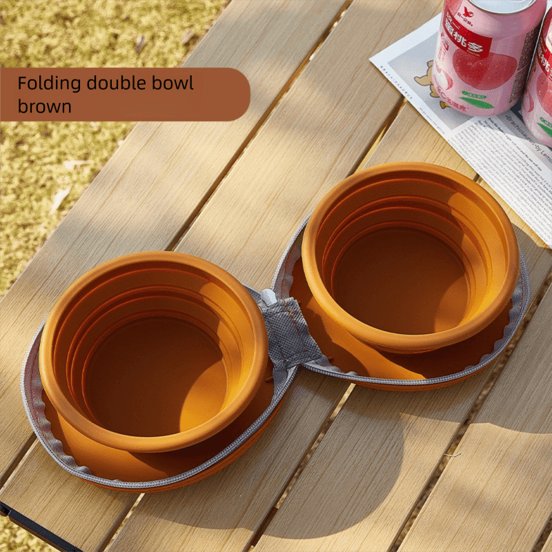 Brown Portable Foldable Dual Bowl for Pets - Silicone Feeding and Water Dish
