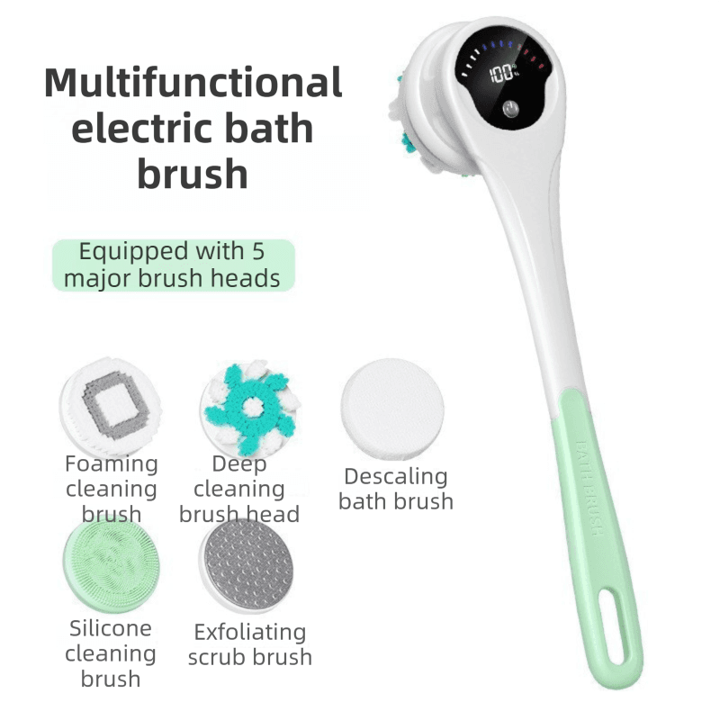 Green Electric 360°Rotating Shower Brush with Long Handle for Back Scrubbing