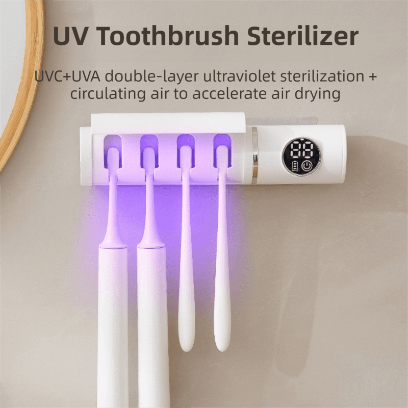 White 4-Slot Compact UV Toothbrush Sanitizer with Turbo Drying Fan & LCD