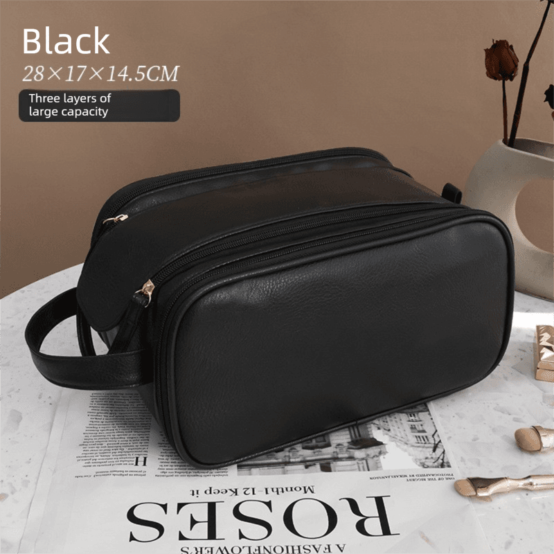Black Large Capacity Makeup Bag - 3-Layer Double Zipper Travel Toiletry