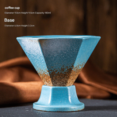 Blue and Brown Artistic Hexagonal Ceramic Coffee Cup & Stand - Blue Brown