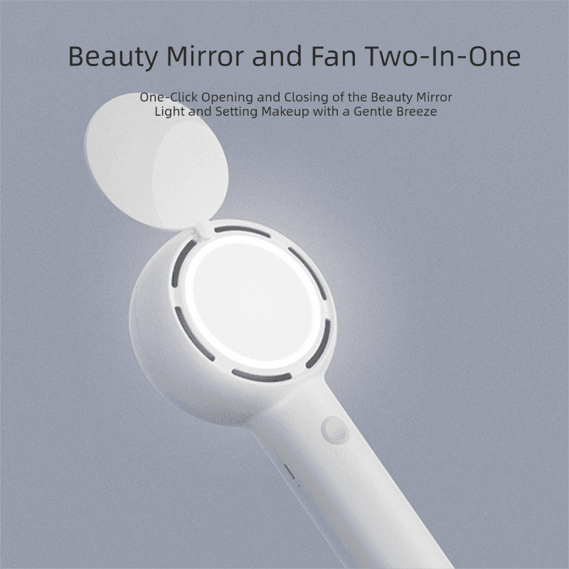 White 2-in-1 Handheld Fan with LED Makeup Mirror - Portable USB Rechargeable