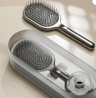 Black Self-Cleaning Hair Brush Set with Stand - Anti-Static Detangling