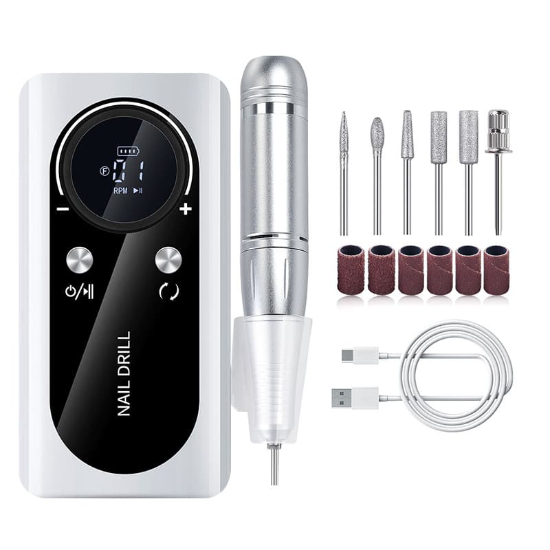 White Professional Rechargeable Nail Drill Machine - 45000RPM Portable