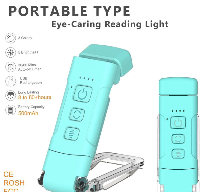 Portable Clip-On LED Reading Light - USB Rechargeable, 3 Color - Lake Blue