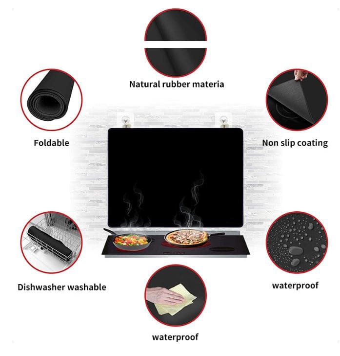 Black Heat-Resistant Stovetop Protector Mat - Waterproof - 42 × 28 cm