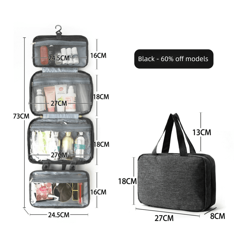 Black Waterproof 4-Fold Hanging Toiletry Bag with Wet/Dry Separation