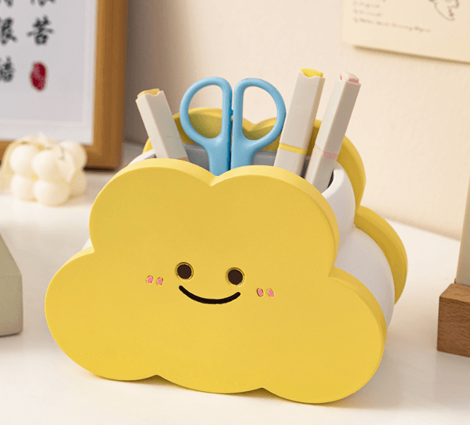 2 Pack Desk Organiser Set Yellow Resin Cloud Pen Holder and Pink Plush Cat