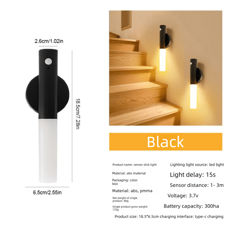Matte Black Motion Sensor Night Light LED Rechargeable Magnetic Stick Wall