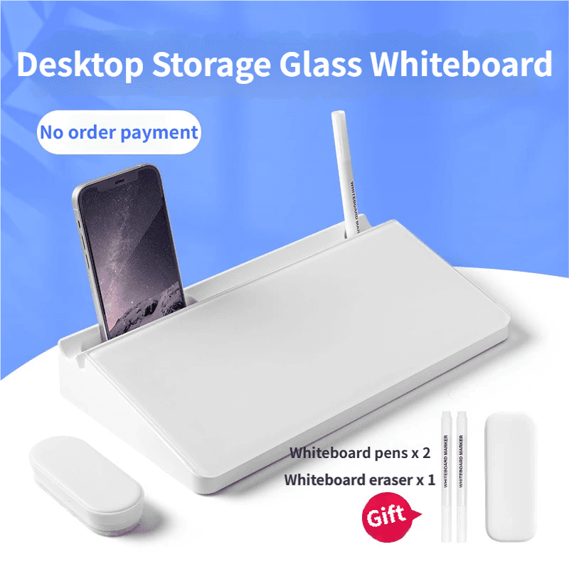 White Slanted Glass Memo Board & Desktop Organizer with 2 Markers