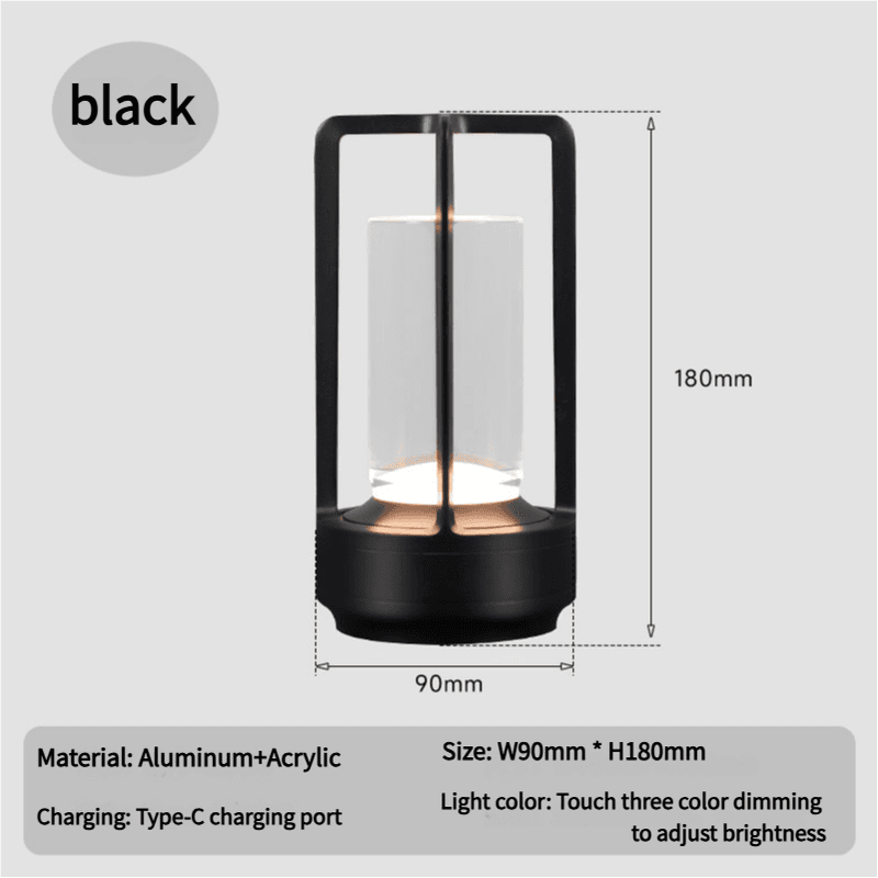 Black Rechargeable Table Lamp - Touch Dimming 3-Color LED Light for Bedroom