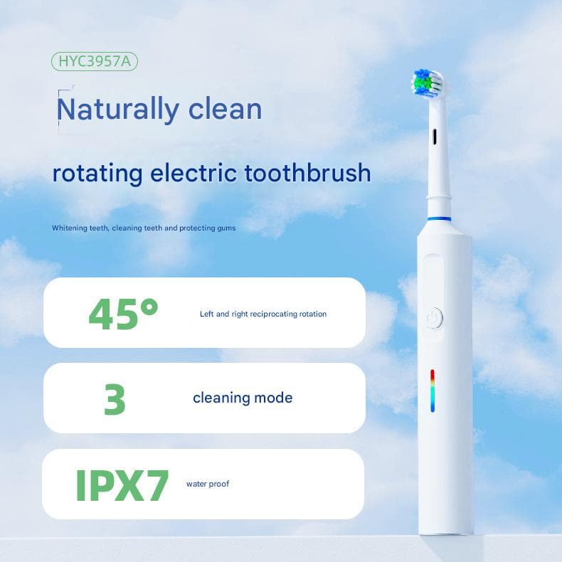 Rotating Electric Toothbrush with 3D Cleaning Action - 3 Modes, IPX7 - White