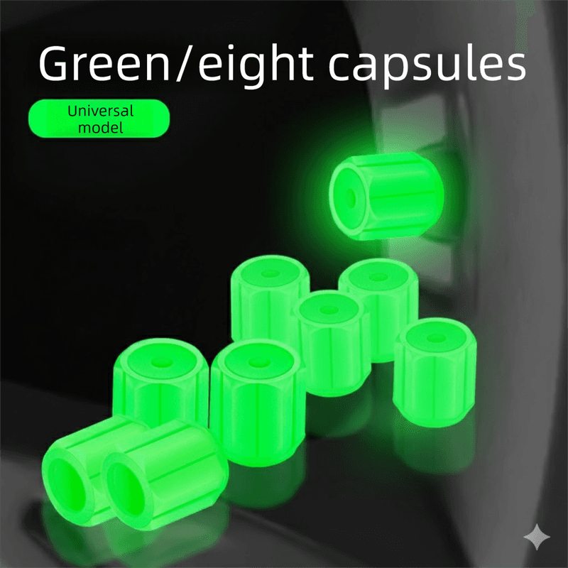 Universal Luminous Tyre Valve Caps 8-Piece Green Glow in Dark Dust Covers